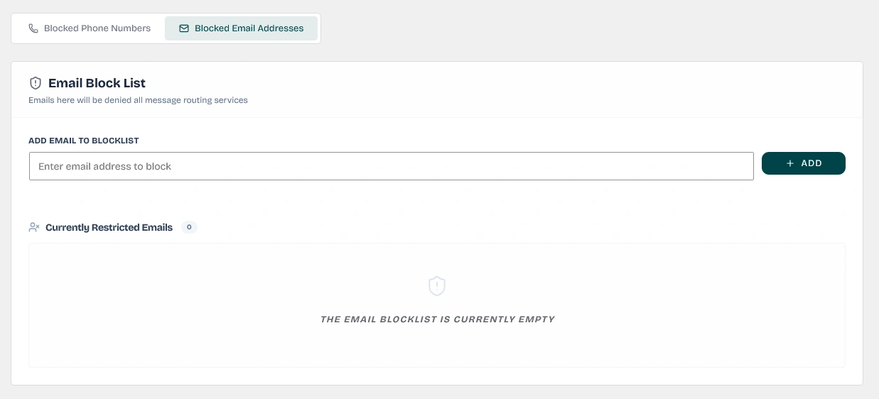 Blocked Email Addresses Tab overview