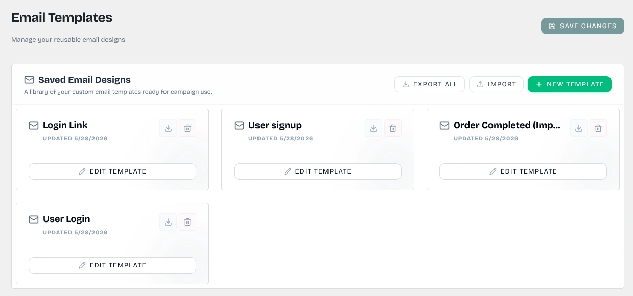 Saved Email Designs Dashboard overview