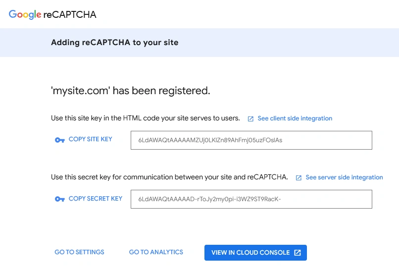 شاشة إضافة Google reCAPTCHA إلى مفاتيح موقعك