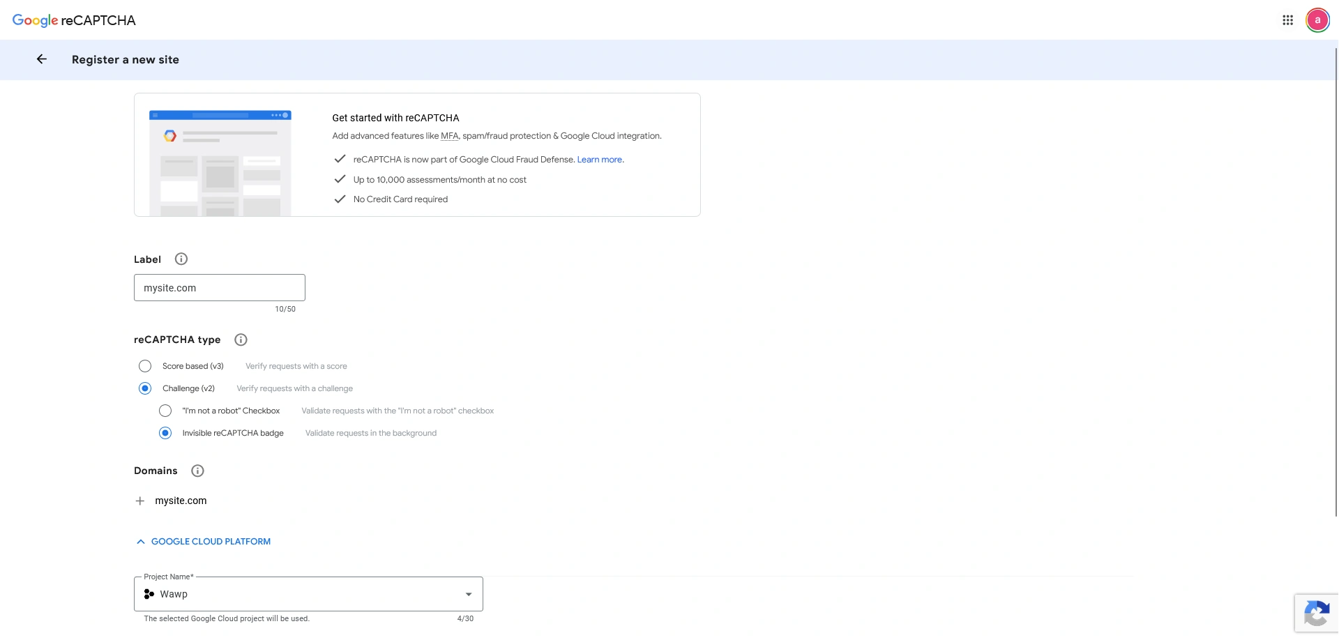تسجيل موقع جديد في لوحة تحكم Google reCAPTCHA
