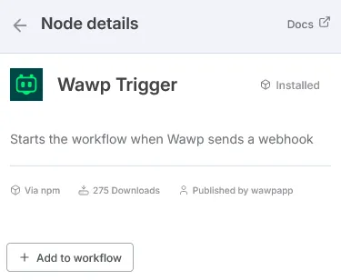 واجهة إضافة مشغل Wawp Trigger في n8n