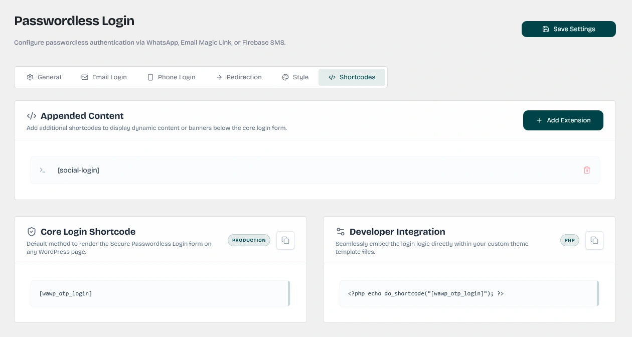 Custom shortcode management settings