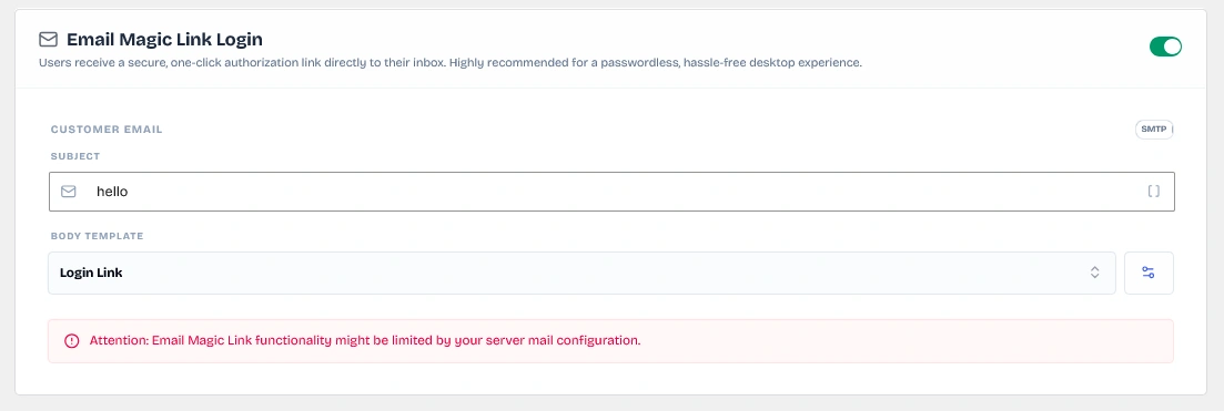 Email Magic Link settings card
