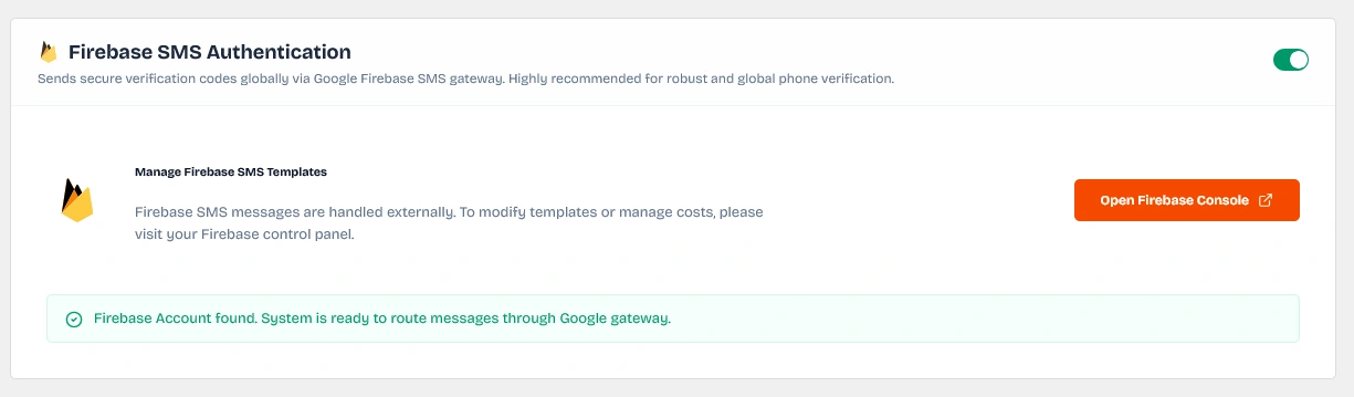 Firebase SMS Authentication settings card