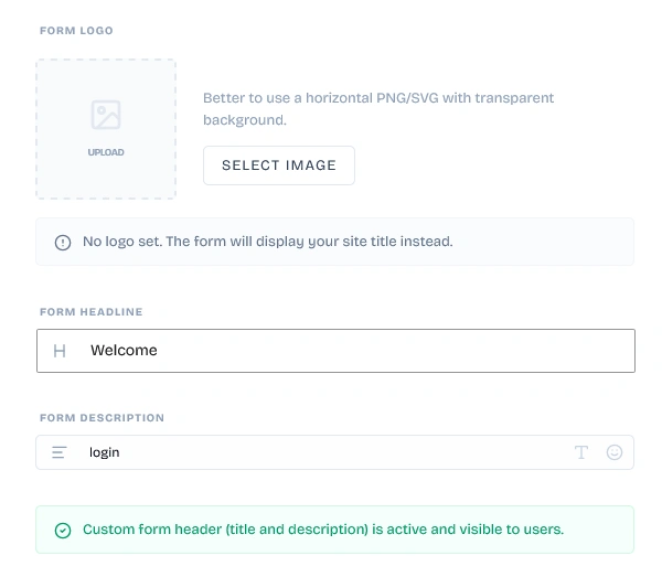 Form Logo and Headers input fields
