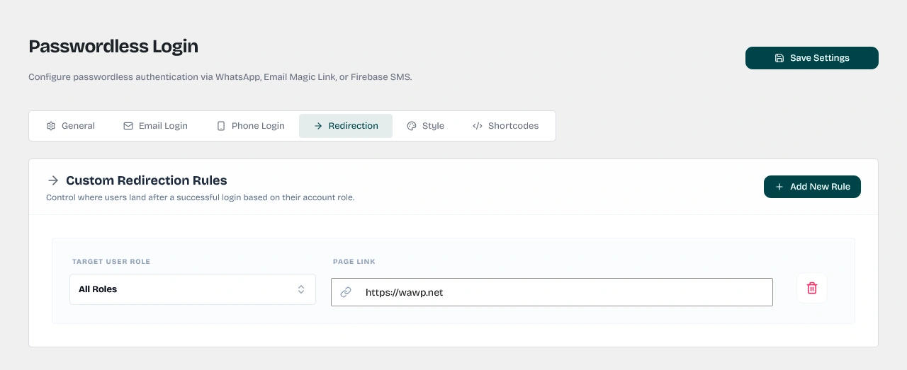 Post-Login Redirection settings card