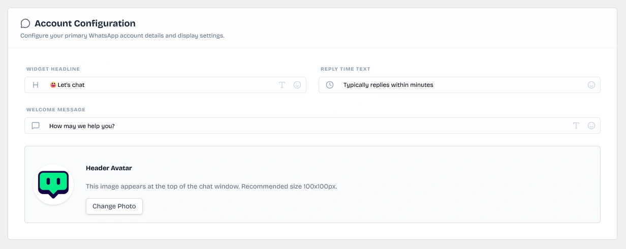 WhatsApp Widget Main Header and Welcome Settings