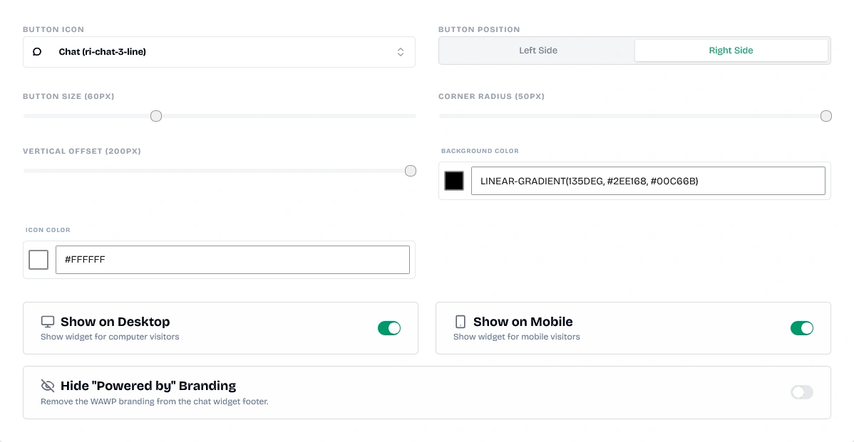 WhatsApp Button Appearance Customization Dashboard